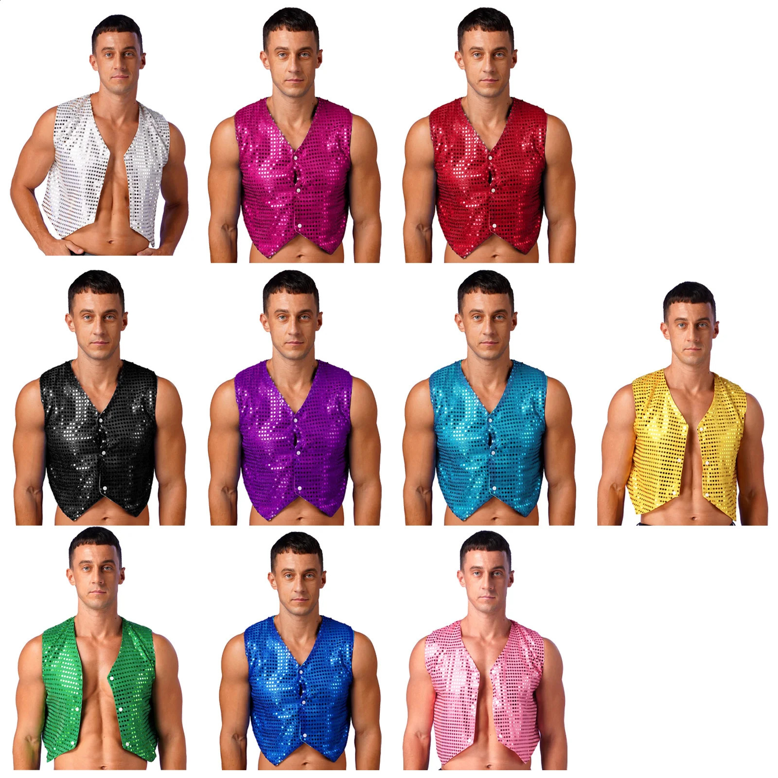 Mens Glittery Sequins Disco Rave Vest Tops Jazz Latin Modern Dance Stage Performance Costume Shiny Sequined Sleeveless Waistcoat 250407