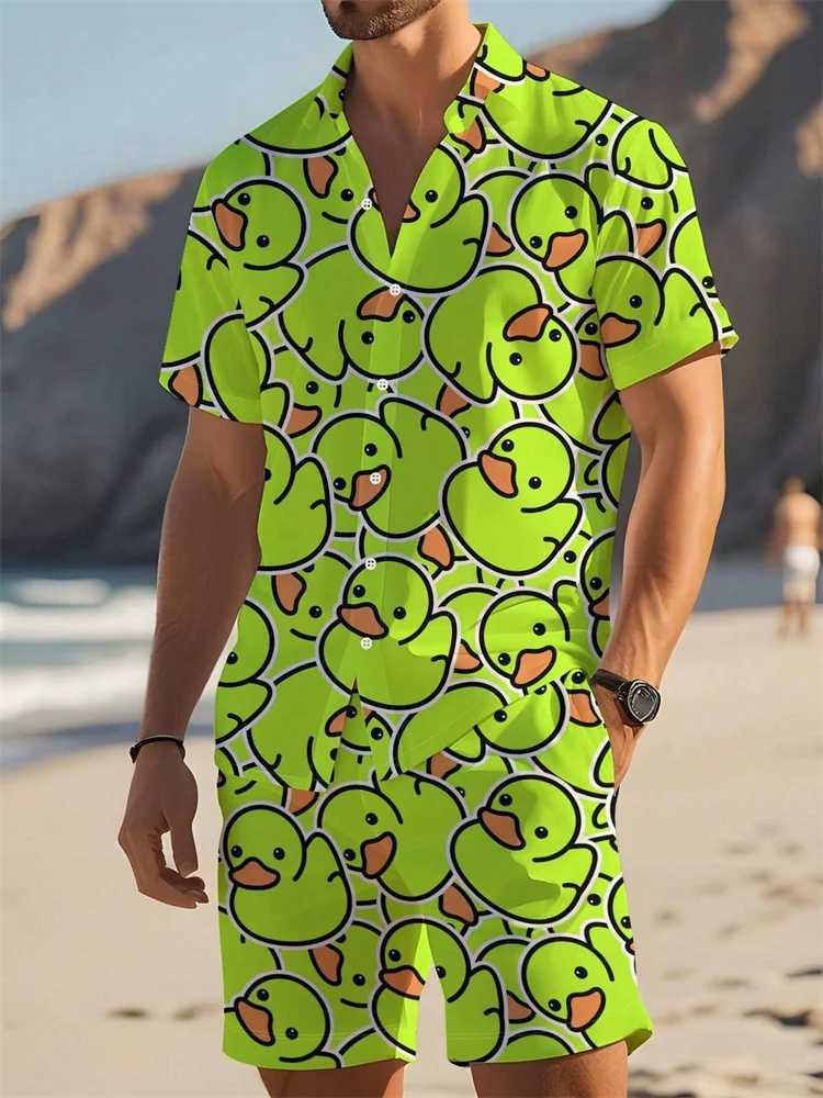 Hawaiian shirt set mens yellow duck print fashion pattern summer fashion casual daily big button down jacket two-piece setXJ250412