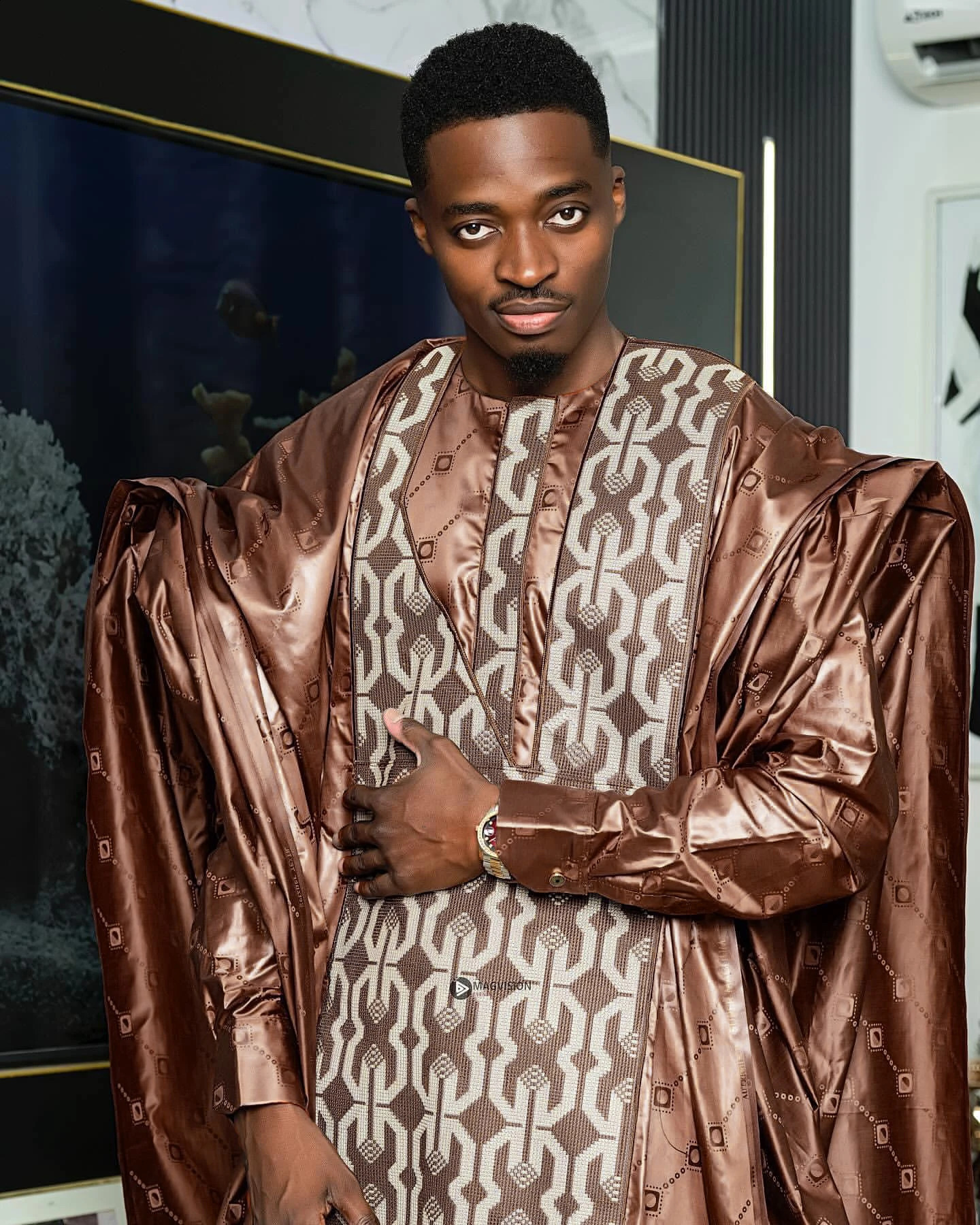 African mens traditional Bazin Riche y n long sleeved 3piece set 250411