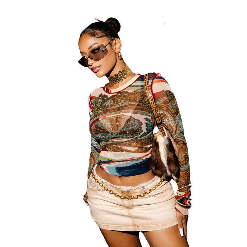 Women's Wear Winter New Women's Personalized Street Half High Collar Long Sleeve Mesh Abstract Printed Slimming T-Shirt