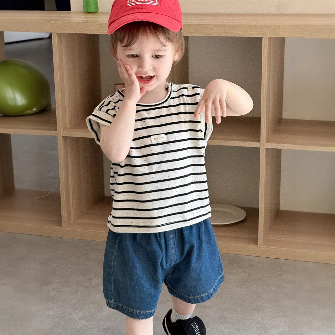 Ddmyshoesvip Boys Striped T Shirt Denim Shorts Set Thin Korean Version Baby Clothing Children S Summer Style