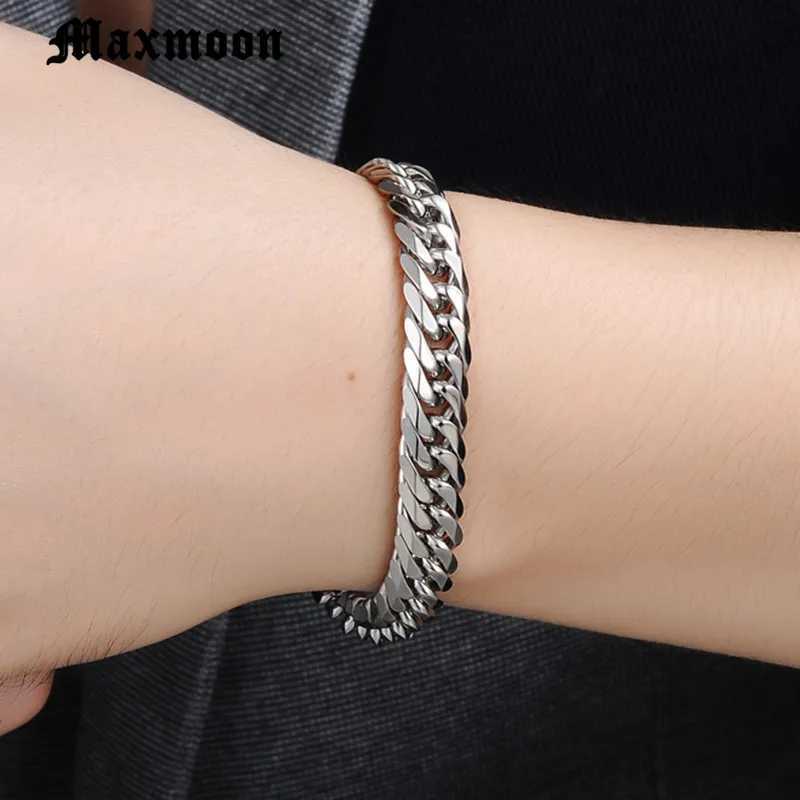 Maxmoon Miami Cuban Stainless Steel Chain Bracelets Men 7mm Flat Curb Bracelet Hip Hop Rock Sports Jewelry Customize WholesaleC250411
