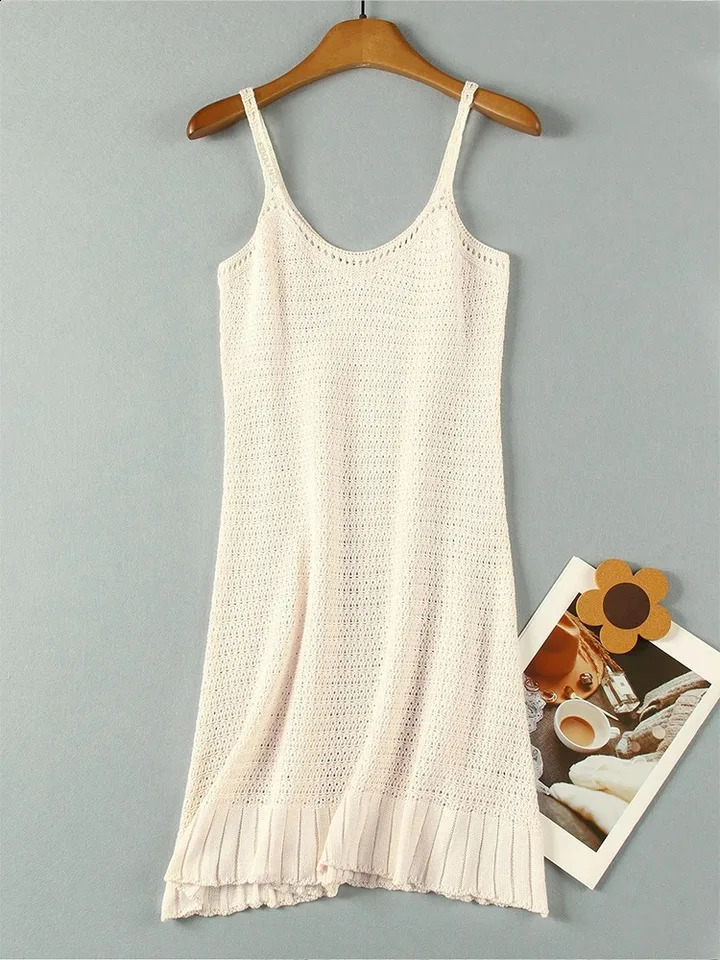 2025 Open Knitted Beach Mini Dress Sexy Crochet Vneck Ruffle Swimsuit Cover Seaside Party Club Summer Cool 250408