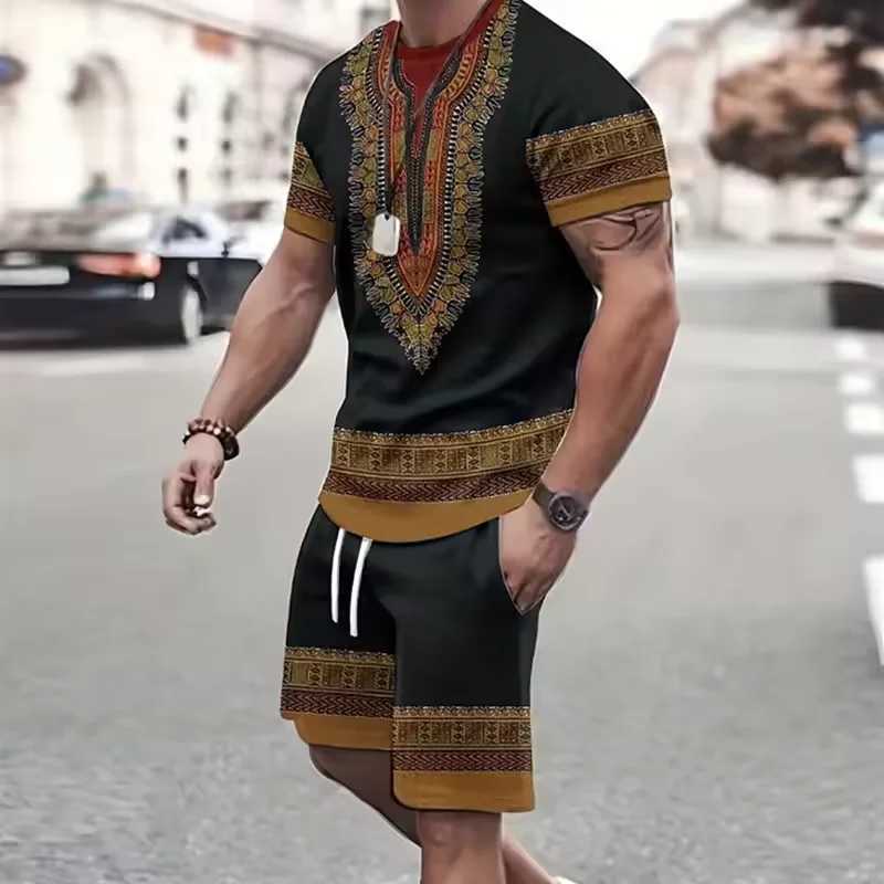 Mens patch work 3D printing short sleeved summer outdoor sportswear casual and fashionable two sets of sportswear absorbent and comfortableXJ250412
