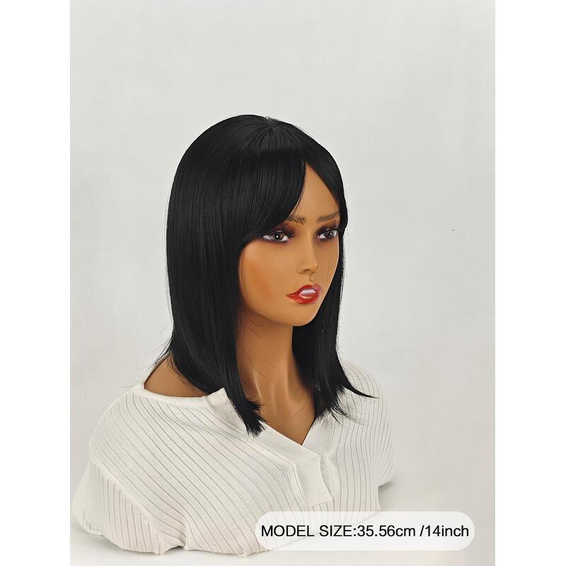 Shoulder-Length Layered With Bangs -14 Inch Peek-a-boo Color Black Mix Brown Mid-Length Wavy For Natural black Women, Heat Resistant Synthetic Hair Re
