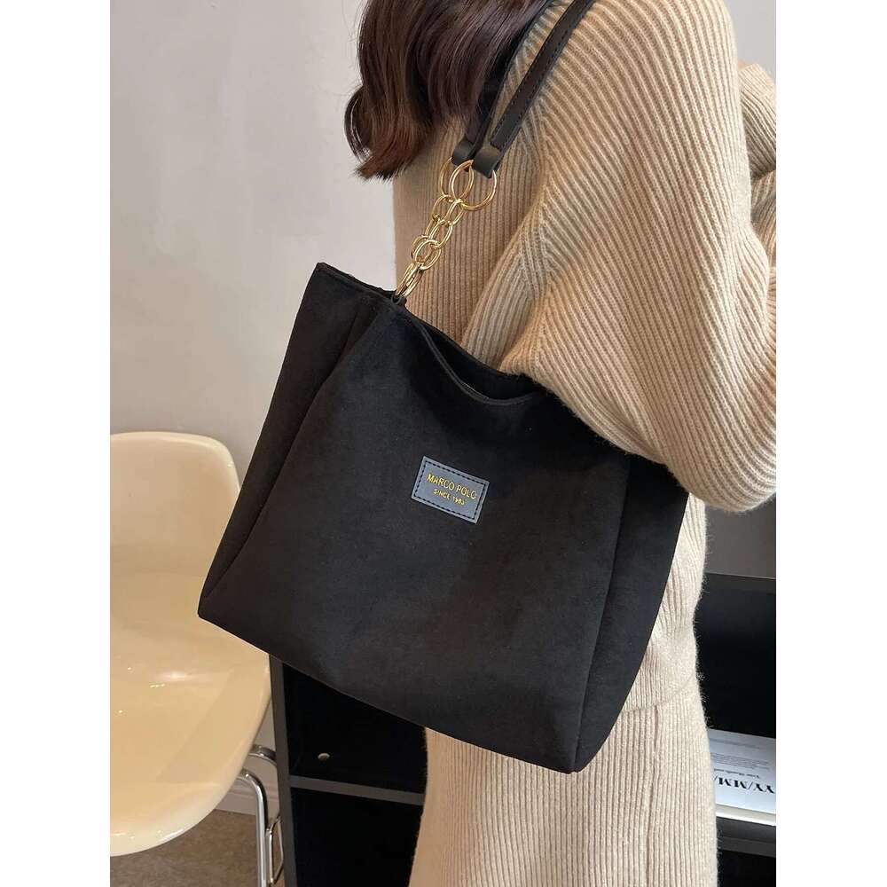 Stylish Suede Shoulder Bag, Letterstick Details Chain Trim Handbag, Lady High Volume Tote Bag