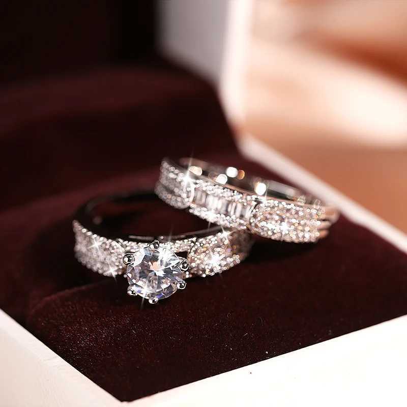 Fashionable womens two-piece ring sparkling zircon geometric ring double-layer womens 925 silver ring party jewelry wedding decorationXJ250412