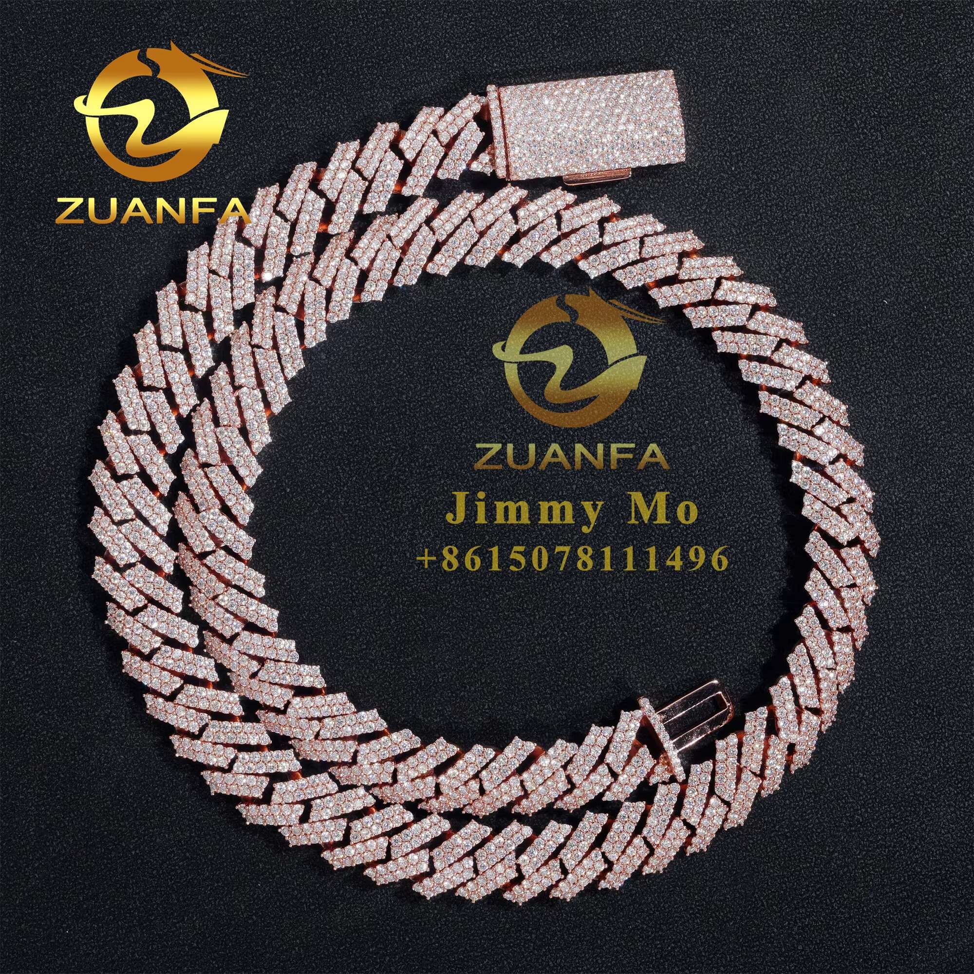 14mm Two Rows Pass Diamond Tester 925 Silver Rose Gold Plated Iced Out Hip Hop Flawless Moissanite Diamond Cuban Link Chain