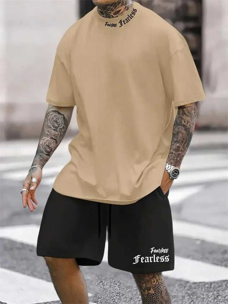2024 new summer solid color letter printing set casual sportswear mens short sleeved T-shirt street hip-hop two-piece setXJ250412