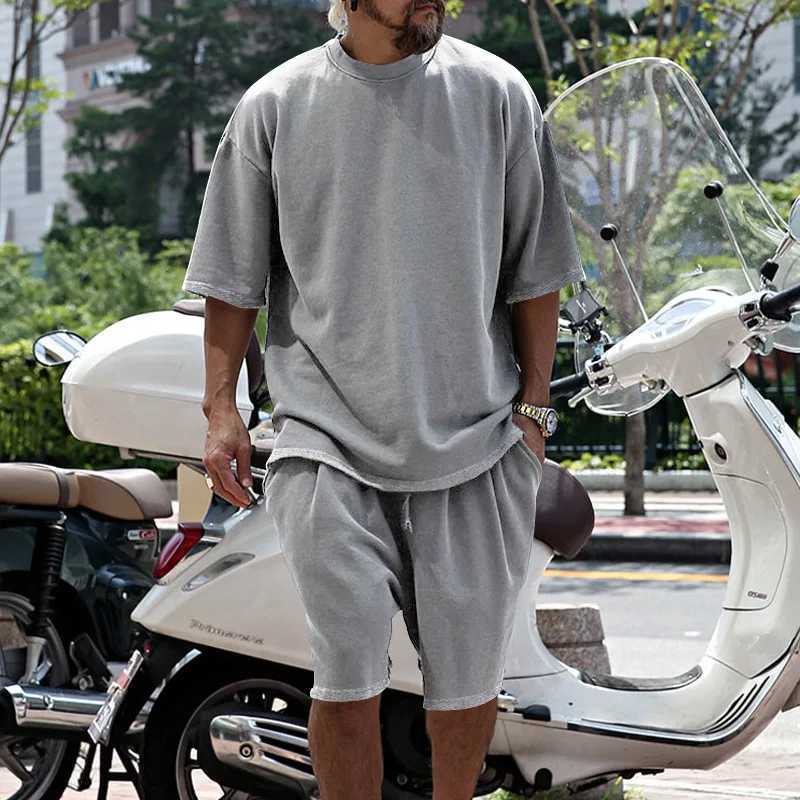 Mens summer set 2-piece ultra-fine casual sports short sleeved T-shirt set solid color beach party homeXJ250412