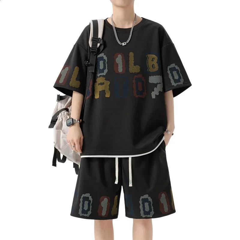 Summer mens track and field suit set oversized streetwear letter printed T-shirt shorts 2-piece set hip-hop rock casual short jacket 250411