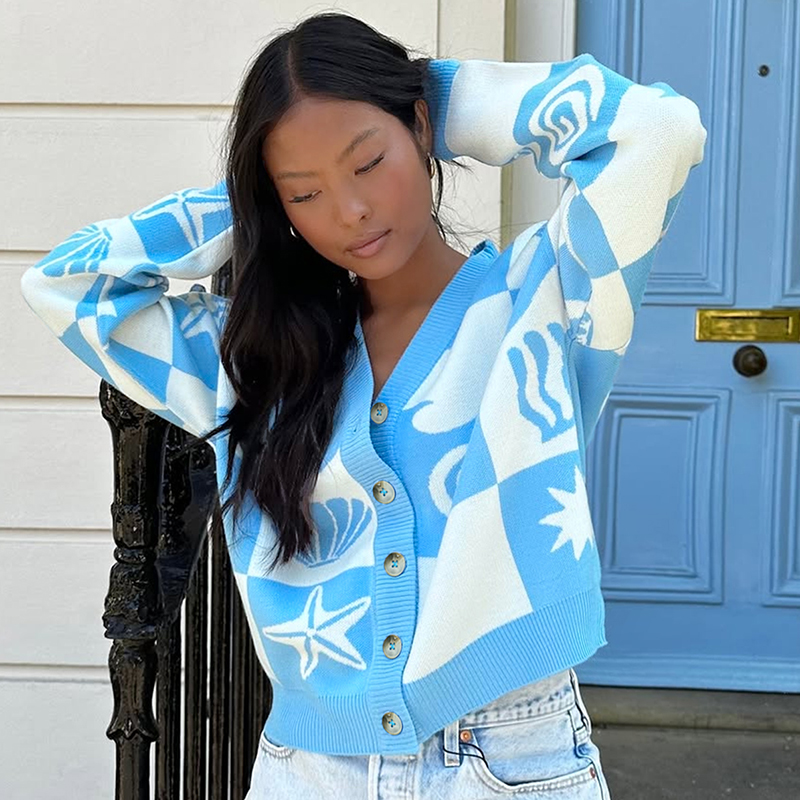 Women's color-block sweater cardigan long-sleeve, loose sweater that's a best-seller during the back-to-school season---NBL170