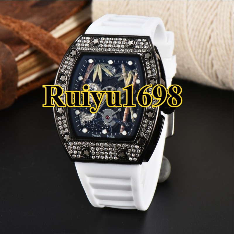 Diamond watch designer model men's panda hollowedout dial quartz watch with diamondshaped dial and natural rubber strap