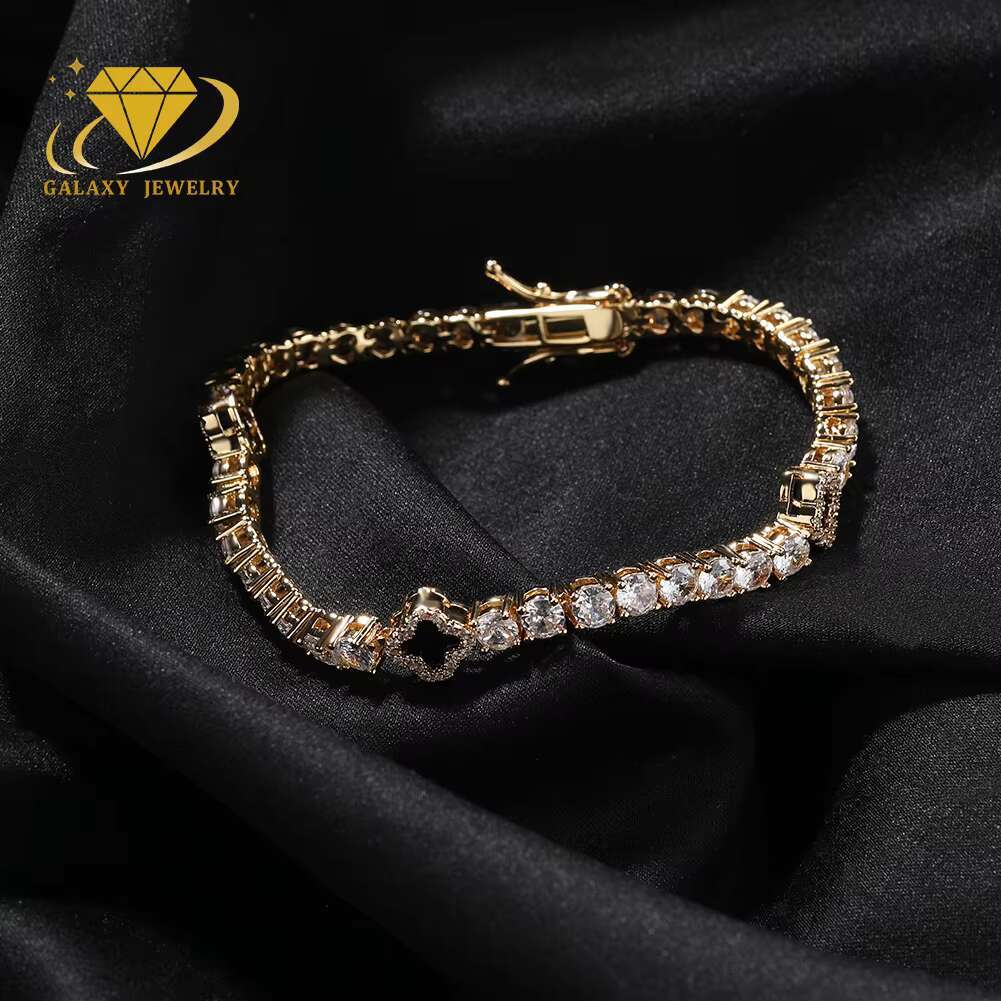 Iced Out Rapper Style Bracelet 925 Sterling Silver Gold Plated VVS Moissanite Clover Tennis Bracelet Necklace 3mm/4mm