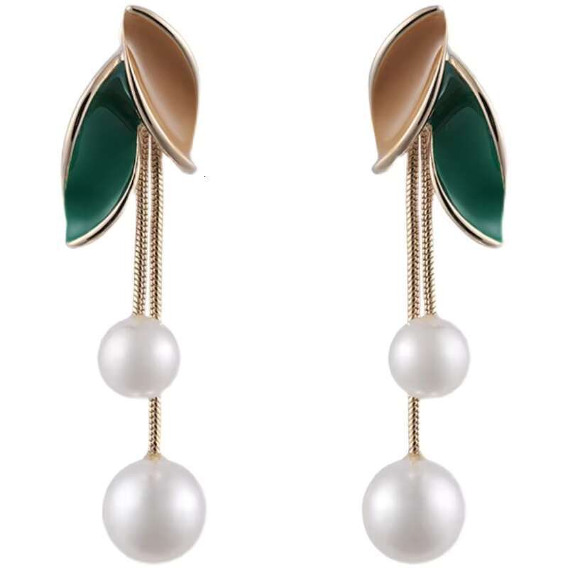Fashion Gold Plated Enamel Ear Clip No Piercing Pearl Leaf Tassel Earrings Women Jewelry