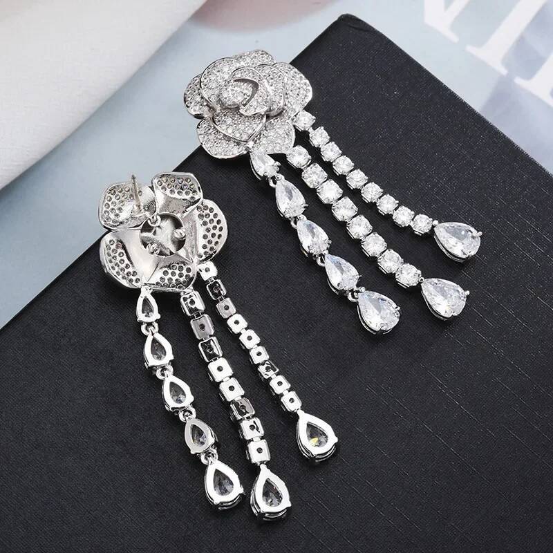 Valuable Flower Diamond Cz Dangle Earring 925 Sterling silver Party Wedding Drop Earrings for Women Bridal Jewelry