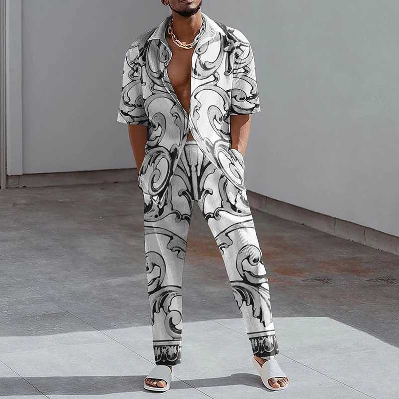2023 Fashion Printed Two Piece Set Mens Collar Button Short Sleeve Shirt and Straight Pants Set Mens Summer Casual ClothingXJ250412