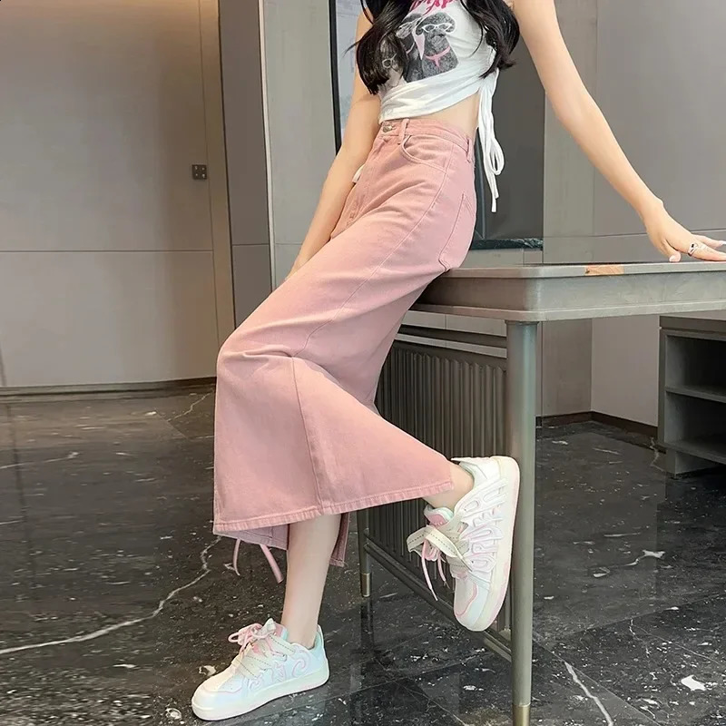 Summer Womens 100% Cotton Denim Shorts Pink High-waisted Slit Retro Elegant Fashionable Casual Denim Long Skirt Female 250407