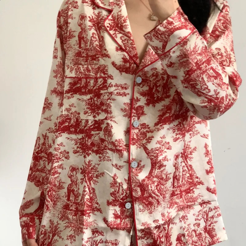 Fashion Print Flower 2PCS Pajamas Set Women Sleepwear Spring Summer Trouser Suits Lounge Wear Loose Satin Homewear Pijamas Suit 250411