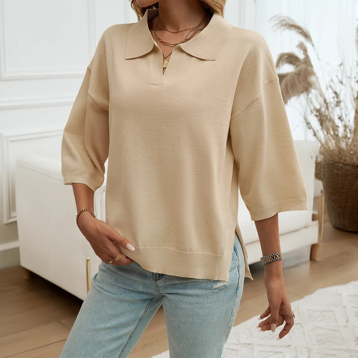 T-shirts For Women Spring Summer Ladys Polo Shirt Solid Color Female Short Sleeve Tops Womens Knit Pullovers Womens Tees 250411