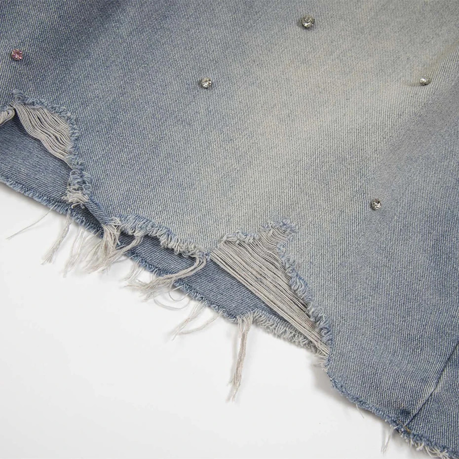 Rhinestone Denim Shorts Men Streetwear Harajuku Vintage Blue Ripped Jeans Shorts Casual Loose Shorts 250411
