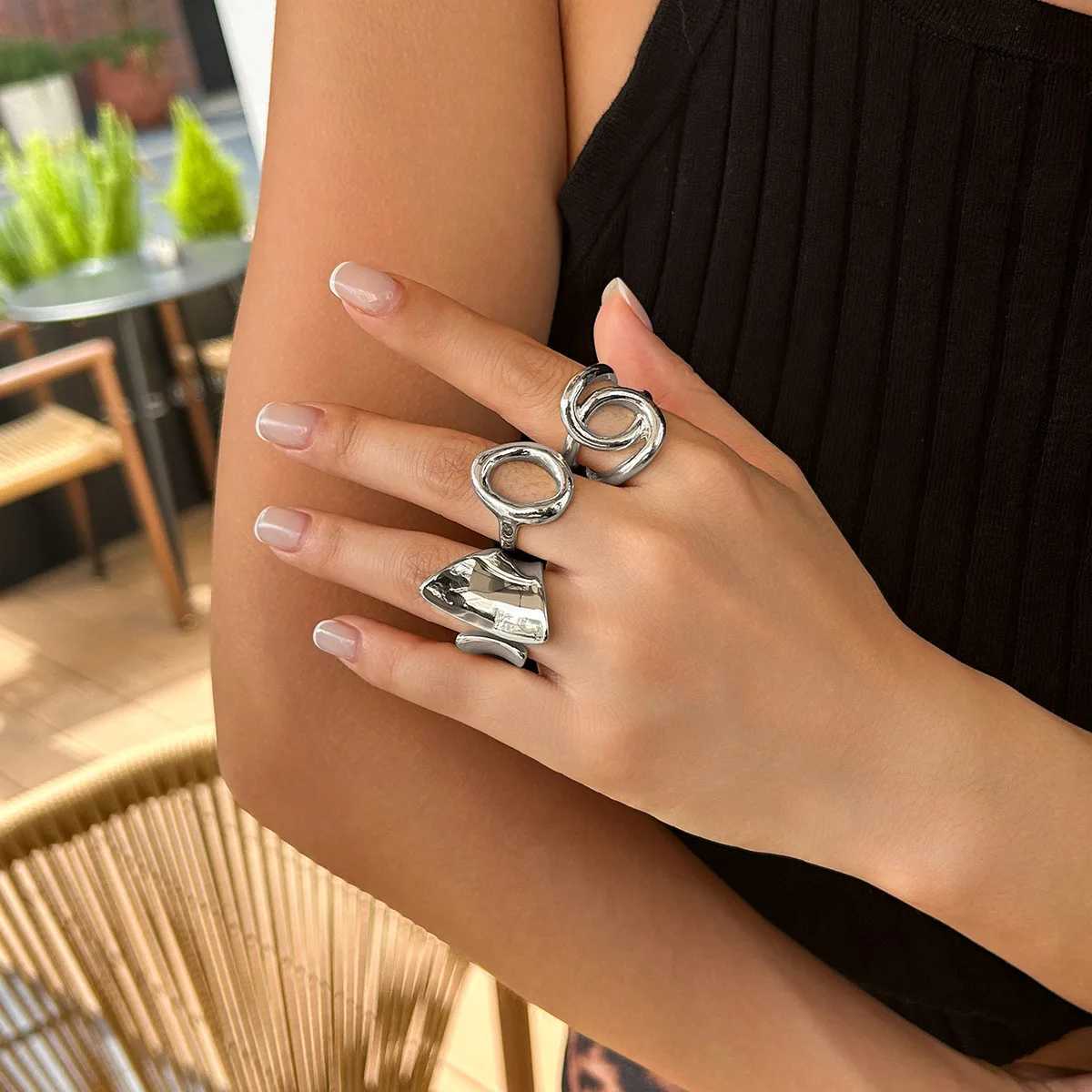Stainless steel ring liquid line geometric opening ring niche design irregular lava ring womens jewelry finger decorative giftXJ250412