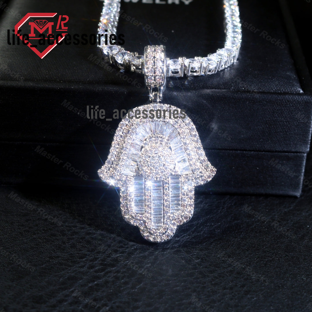 Luxury Hip Hop Jewelry 925 Sterling Silver Iced Out Baguette Diamond Pendant Mens Vvs Hamsa Pendant Moissanite