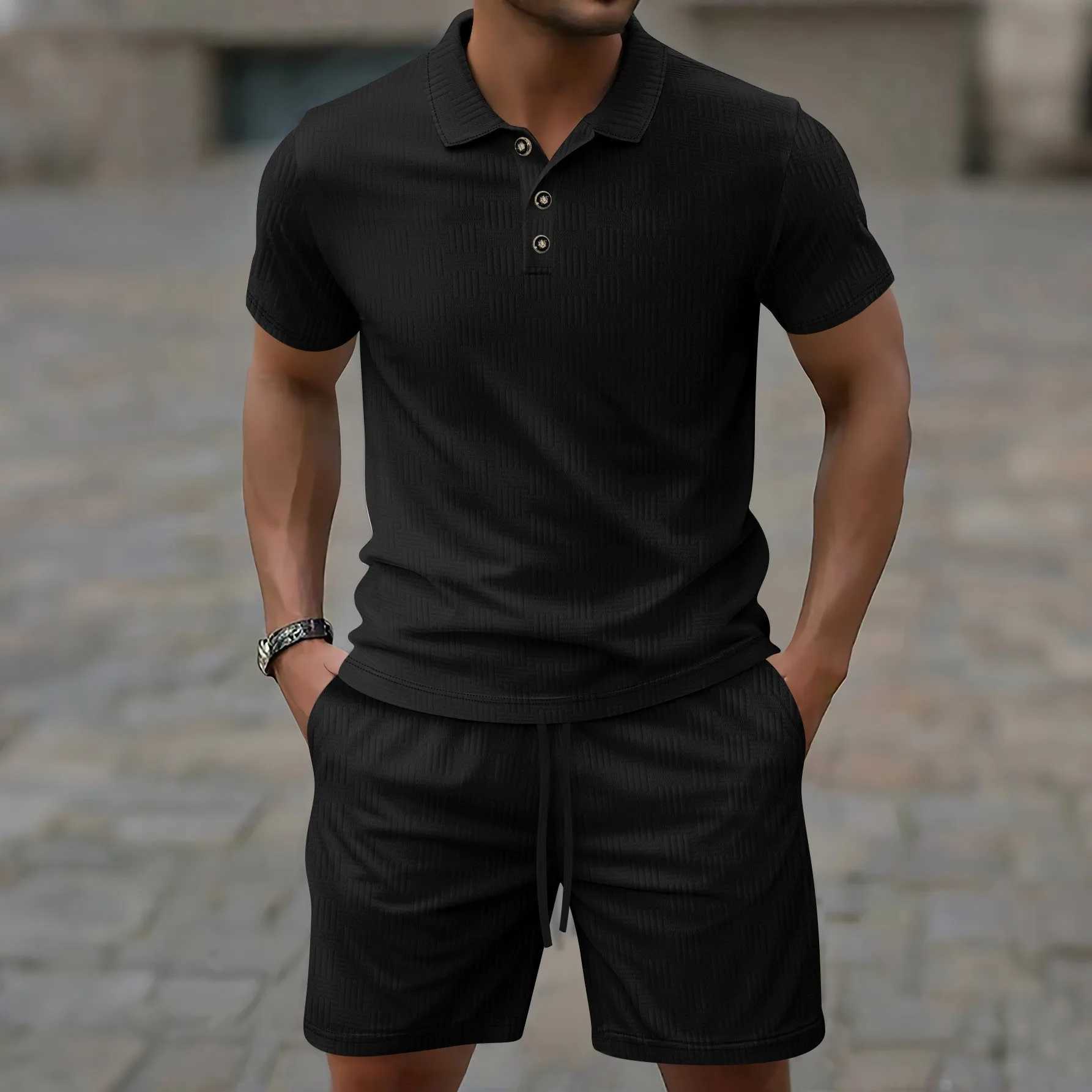 Summer mens solid color lace Corduroy short sleeved lapel top jacquard polo shirt brushed shorts mens clothingXJ250412