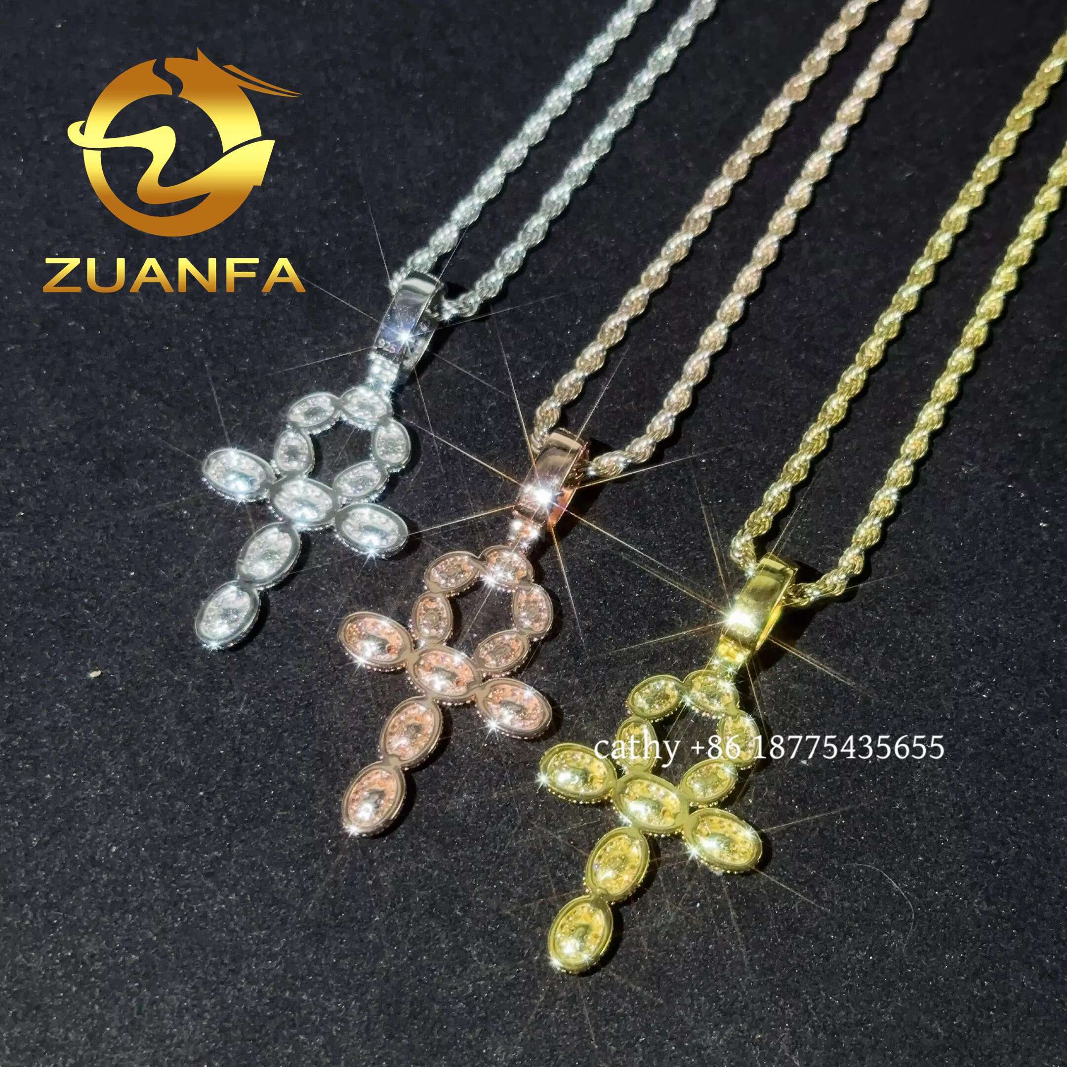 48 Hour Ship Out VVS Moissanite Hip Hop Jewelry Cross Iced Out Pendant Sterling Silver 925 Moissanite Pendant With Rope Chain