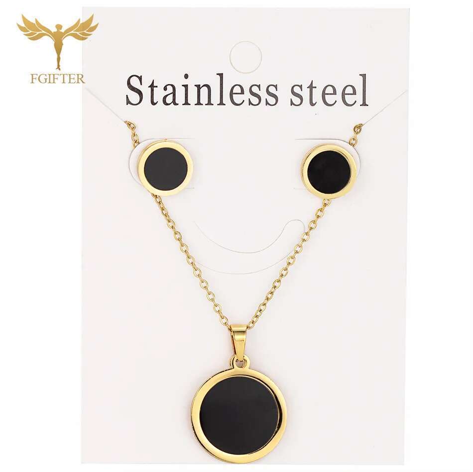 Classic Round Necklace Earrings Set for Women Gold Plated Stainless Steel Pendant Chain Ear Piercing Studs Fashion Jewelry Gifts