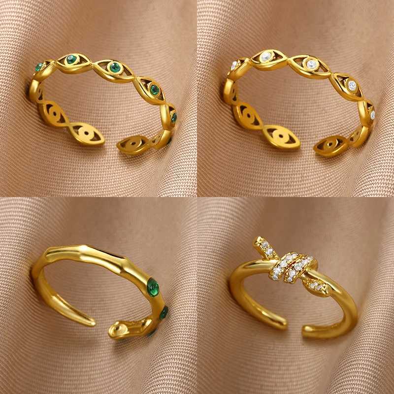 Green Zircon Evil Eye Ring Womens Stainless Steel Gold Geometric Open Ring New Waterproof Fashion Jewelry GiftXJ250412