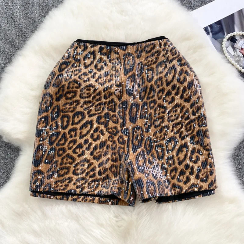 PREPOMP Fashion Sexy Womens Sequins Leopard Short Autumn Collection High Waist Wide Leg Short Pant Female Trendy GM787 250409