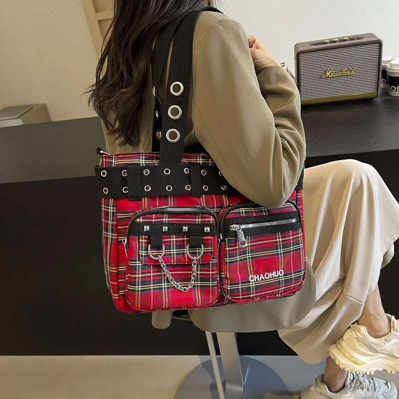Canvas Plaid Fashion Shoulder Zipper CHAINS 2025 Hot Sale for Women Multiple Pockets Versatile Crossbody Bags
