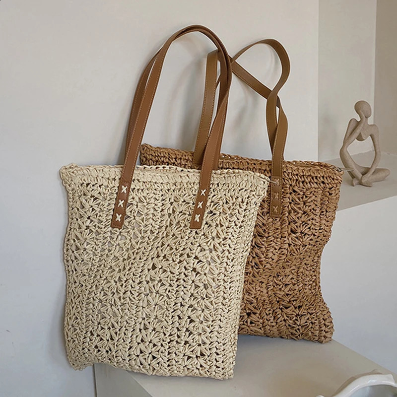 Square Hollow Straw Beach Bag Handmade Woven Shoulder Bag Raffia Rattan Shopping Travel Bag Bohemian Summer Vacation Casual Tote 250407