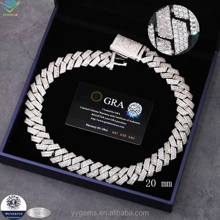 Luxury Hip Hop Chain 20mm Wide Silver Necklace VVS Moissanite Baguette Moissanite Diamond Cuban Link Chain