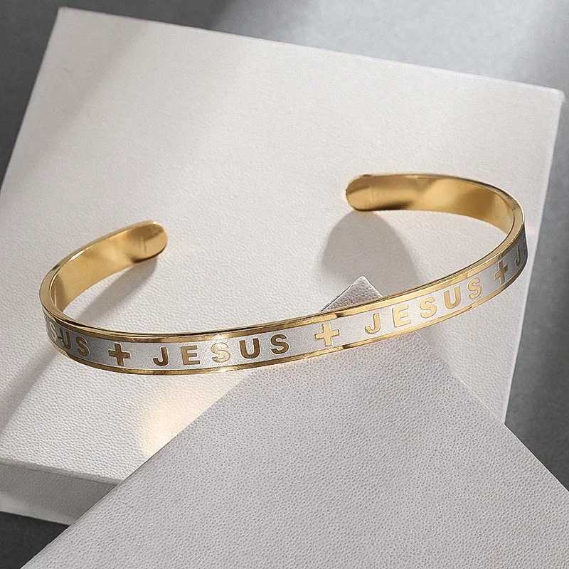 Stainless Steel Cross Jesus Alphabet Cuff Bangels Mens Christian Open Bracelet Catholic Believer Amulet Prayer JewelryC250411