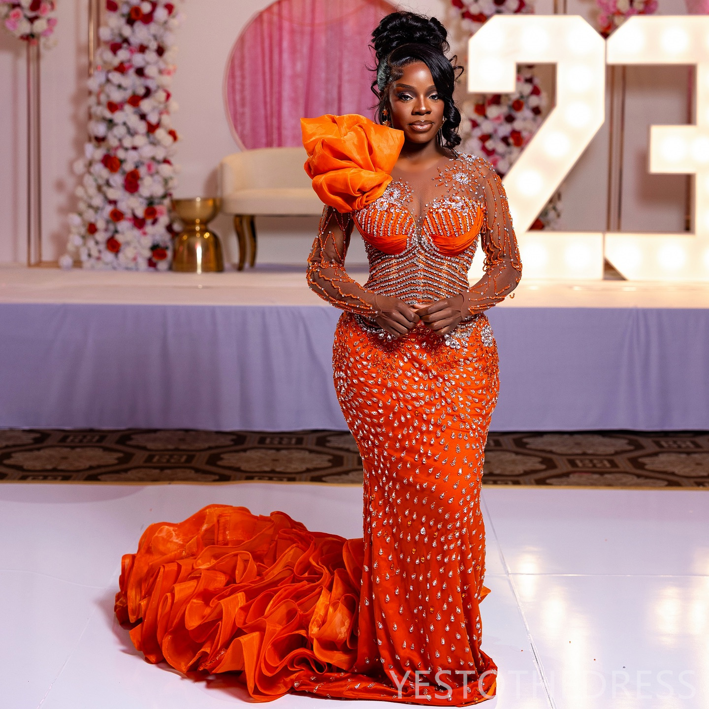 2025 Plus Size Orange Prom Dress Mermaid Prom Dresses Evening Gowns For Special Occasions Sheer Neck Beaded Lace Crystals Birthday Second Reception Go