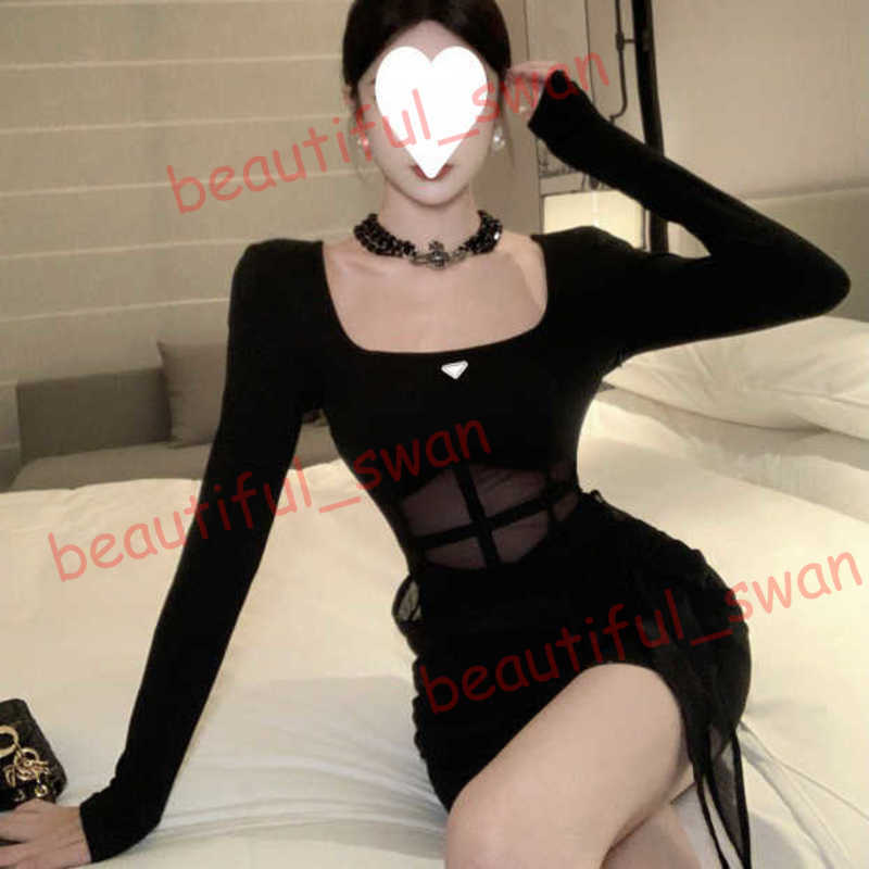 Designer dresses for women Spring Fashion Hot Girl High-End Black Dress Women's Square Neck Slim Fit Sheer Mesh Cover Belly Sexy Dress
