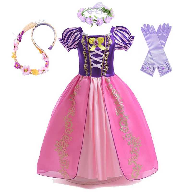 Disney Long haired princess dress girl with purple puff sleeves role-playing tangling costume Halloween Vestido childrens birthday ball costumeXJ25041