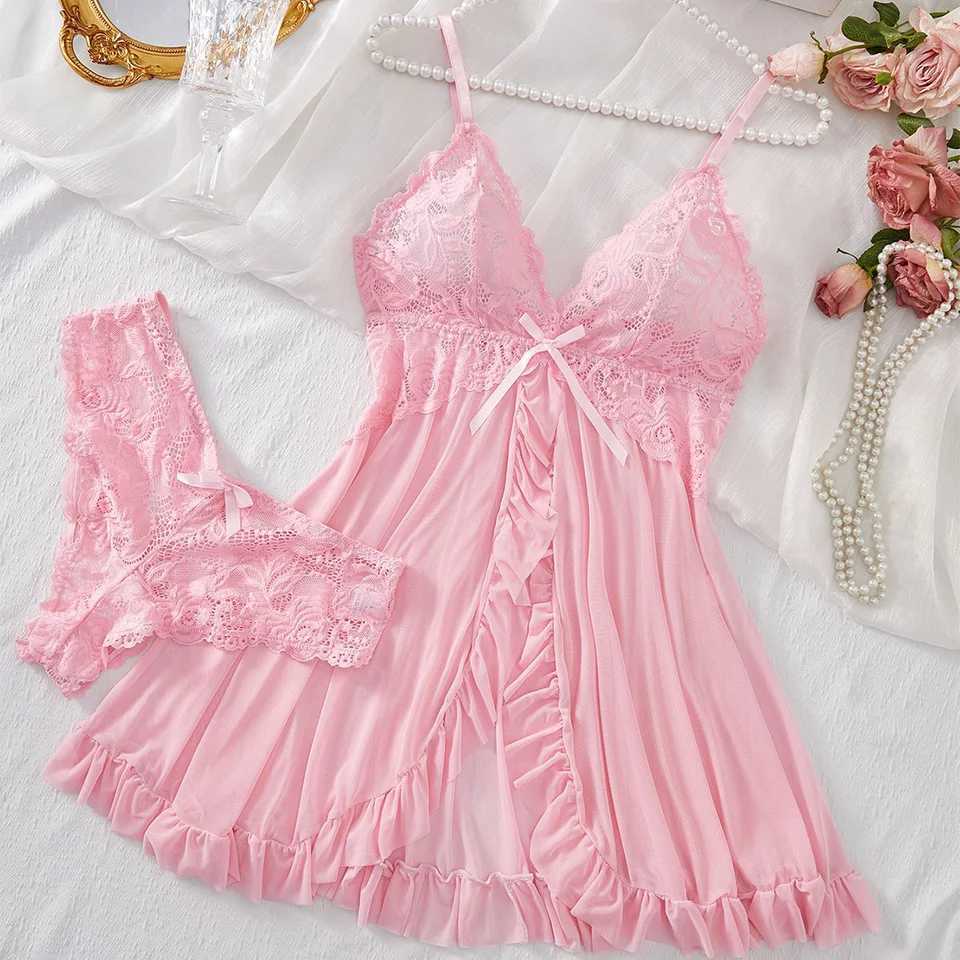 Sexy lingerie set womens erotic bra night gown sexy lace sleepwear pure thin soft dress V-neck full slip sleepwear and dress W250412