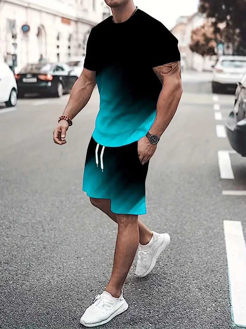 Fashion tie dye patterned short sleeved T-shirt and mens short sleeved set summer 3D printed gradient street comfort set 6XL Plus sizeXJ250412