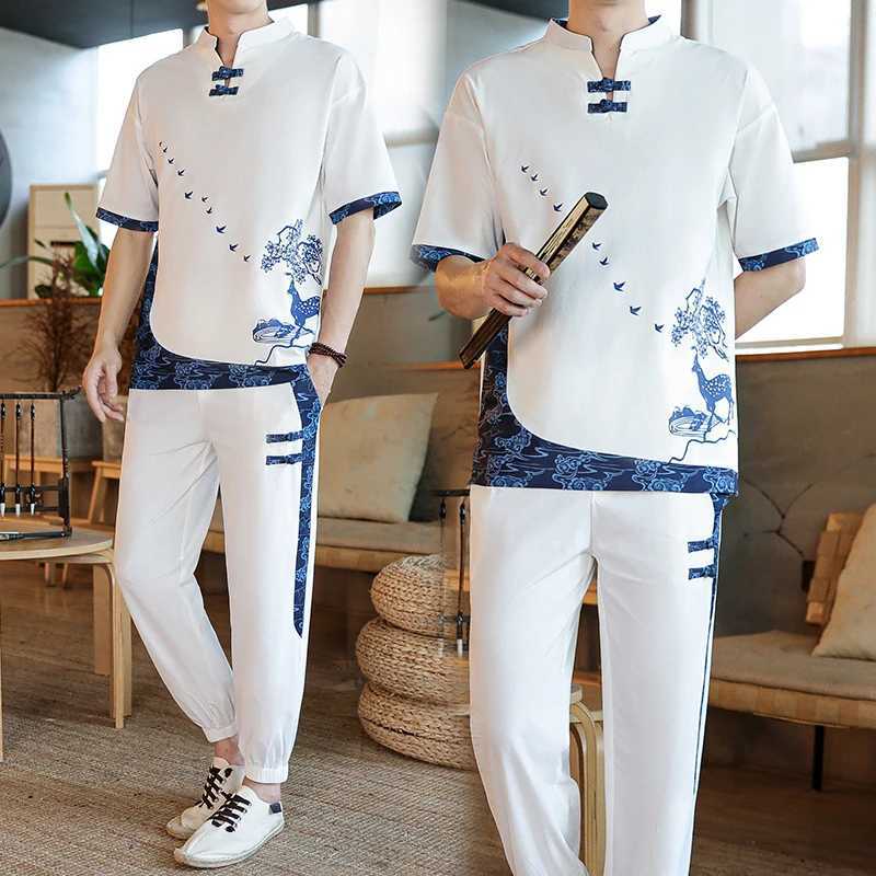 Shirt+pants Summer cotton linen shorts pullover mens casual suit mens fashion mens shirt M-4XL TZ020XJ250412