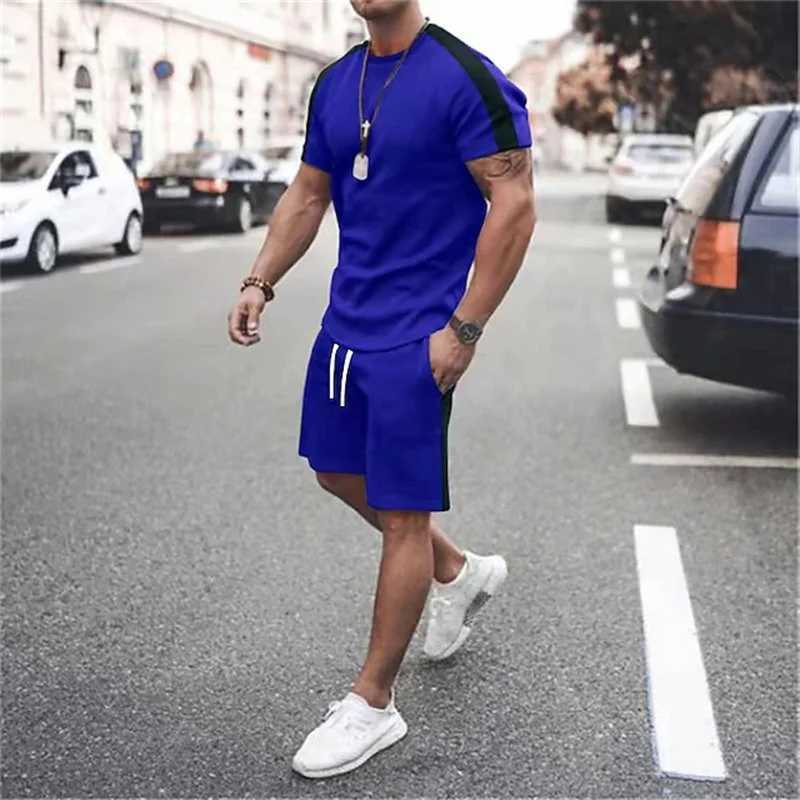 Summer mens fashion 2-piece set mens T-shirt shorts set casual patchwork printed sportswear super street shooting mens clothingXJ250412