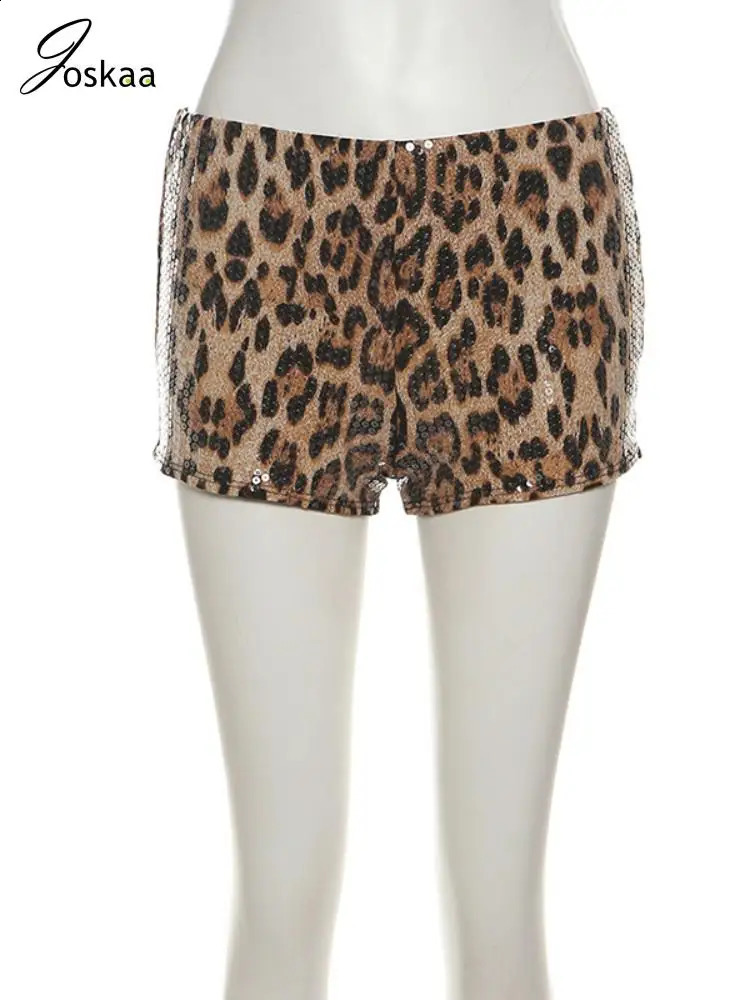Joskaa Sequins Leopard Print Shorts Women Hipster Sexy Low Waist Stretch Pants Autumn Midnight Club Bottoms Y2K Streetwear 250409