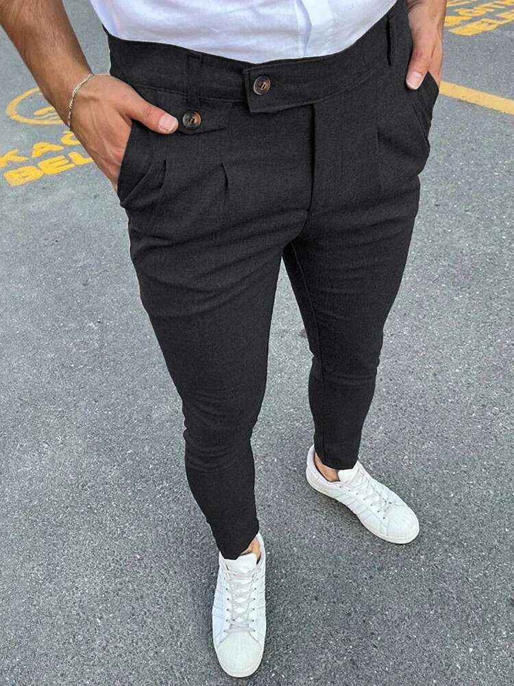 2024 Spring Summer New Casual Suit Men Vintage Solid Color Slim Pencil Pants Fashion Button Waist Design Mens Trousers