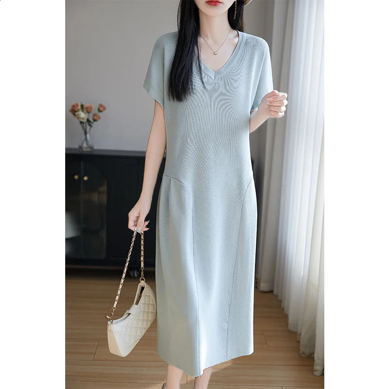 V-neck Short Sleeve Dress Womens 2025 Summer Loose Fashion Casual Knitted Vest Skirt Qu Zhu Ice Silk T-shirt Dress 250411