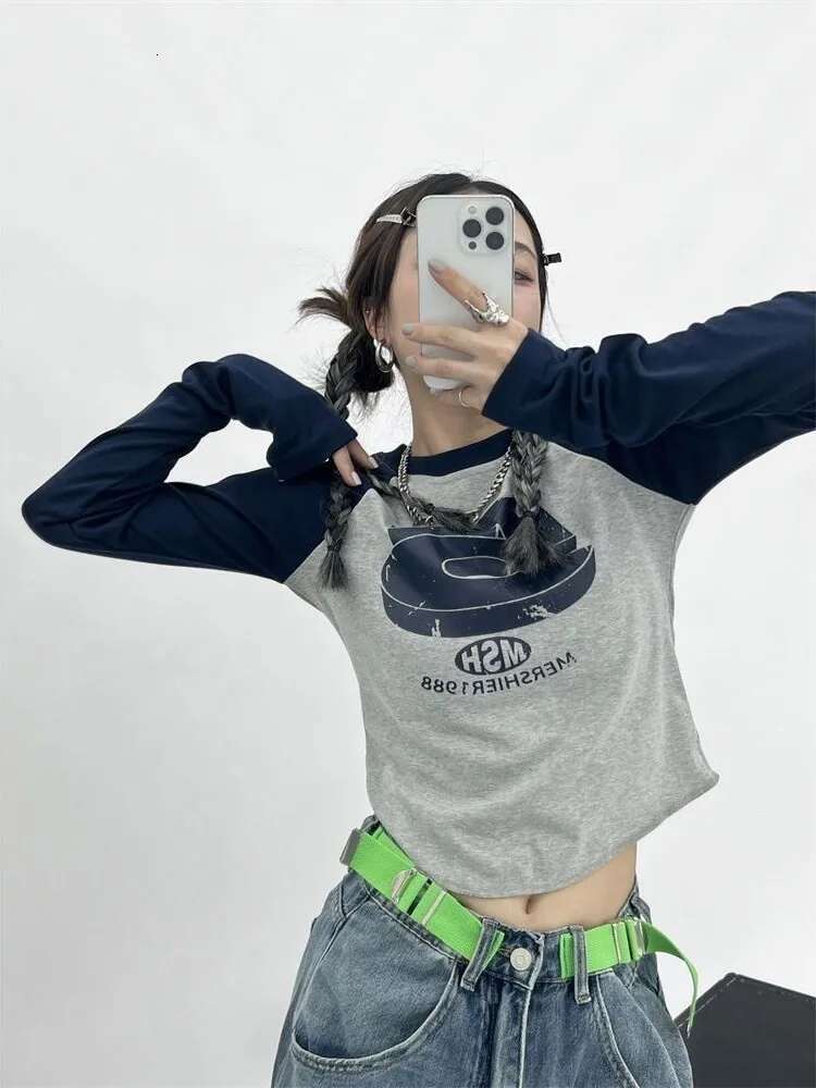 Spring Vintage Y2k Patchwork Green Tshirts Women Hippie Streetwear Long Sleeve T Shirt Female Kpop Retro Autumn Crop Tops