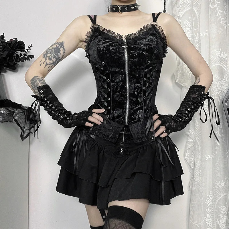Gothic Black Lace Cross Mini Skirt Y2k Grunge Punk High Waist Pleated A-Line Skirts Vintage Women Aesthetic Alt Clothes 250411
