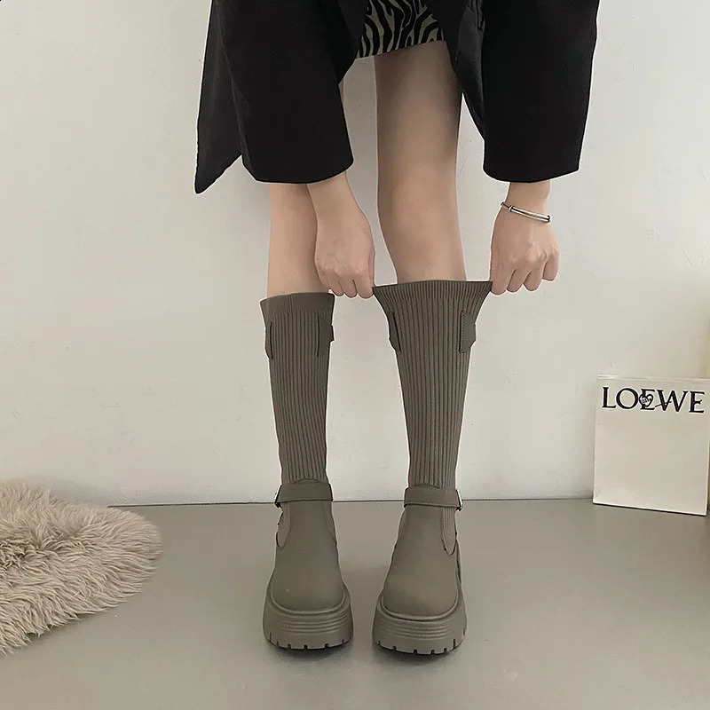 Long Boots Women Knitted Elastic Boots Retro Thick-soled Womens High Boots Knee-length Boots Elegant Boots and Women shoes 250411