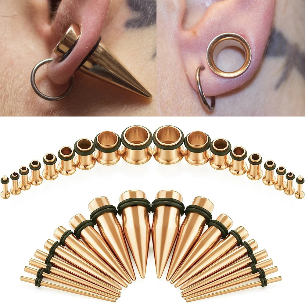 9Pairs Stainless Steel Gold Color Ear Taper Stretching Kit Gauge Expenders Set-18pcs Tapers Or Tunnels Piercing Jewelry 1.6-10mm 250403